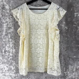 Like Love Size M Floral Lace Casual Top Butter Yellow Stretch Lined Cap Sleeve